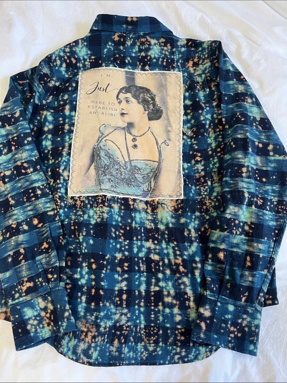 Angry Minnow Clothing Co. blue plaid button down Edwardian woman appliqué unique